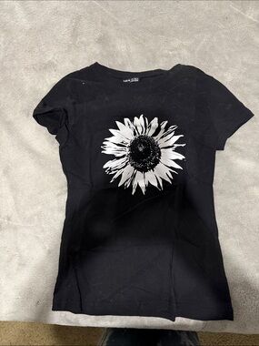 SHEIN Black Tee with White Sunflower Graphic